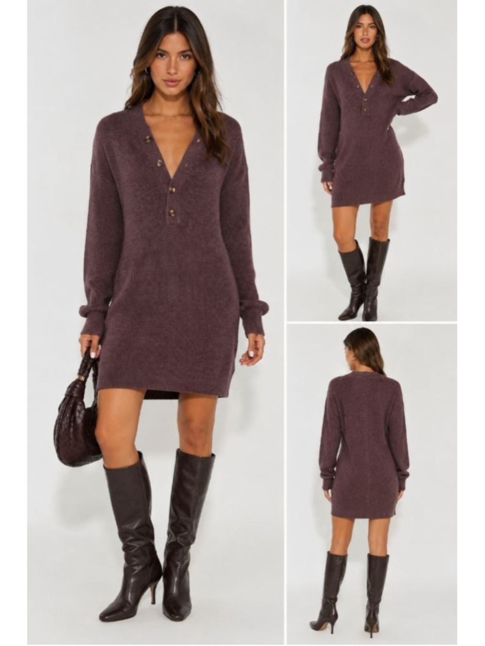 Prana Milani Henley Sweater Dress Women's XS Clove Brown Organic Cotton Merino W